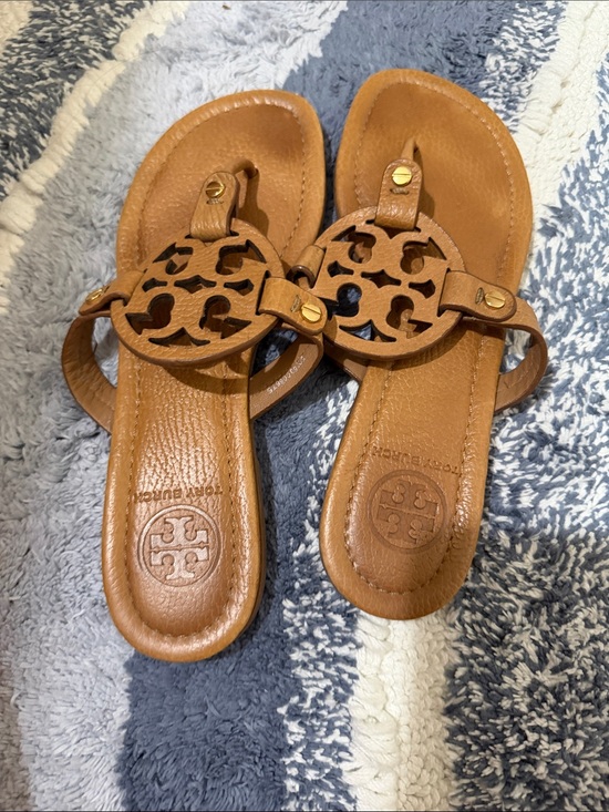 Tory Burch Shoes - Tory Burch Miller Cognac Leather Logo Thong Sandals